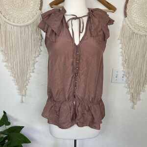 LOFT mauvy brown Ruffled Flutter Sleeve silk Blouse Small